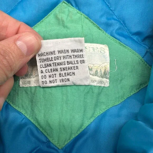 Vintage Green Puffer Coat Jacket Womens Medium 1990s Mixed Blues Nylon Down - Picture 5 of 7
